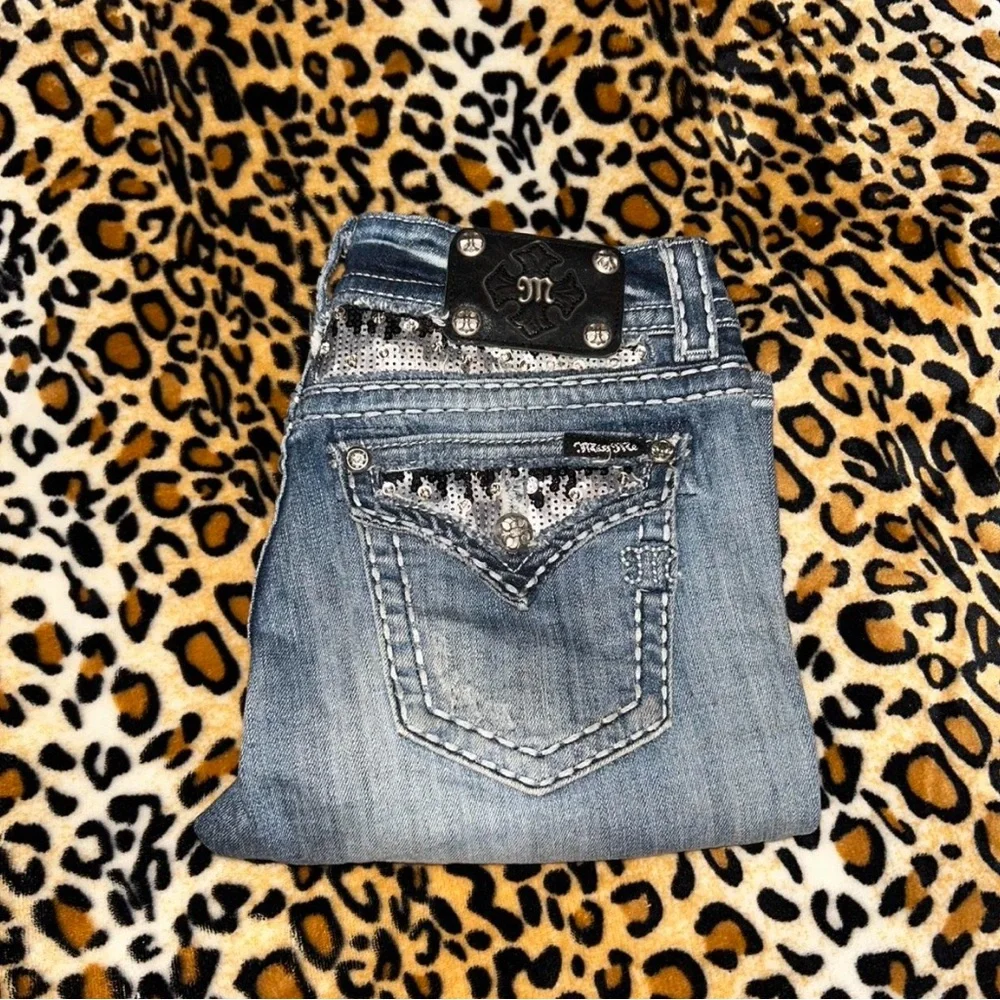 Y2K Miss Me Mcbling Sequin Embellished Low Rise Bootcut Denim Jeans - Picture 6 of 8